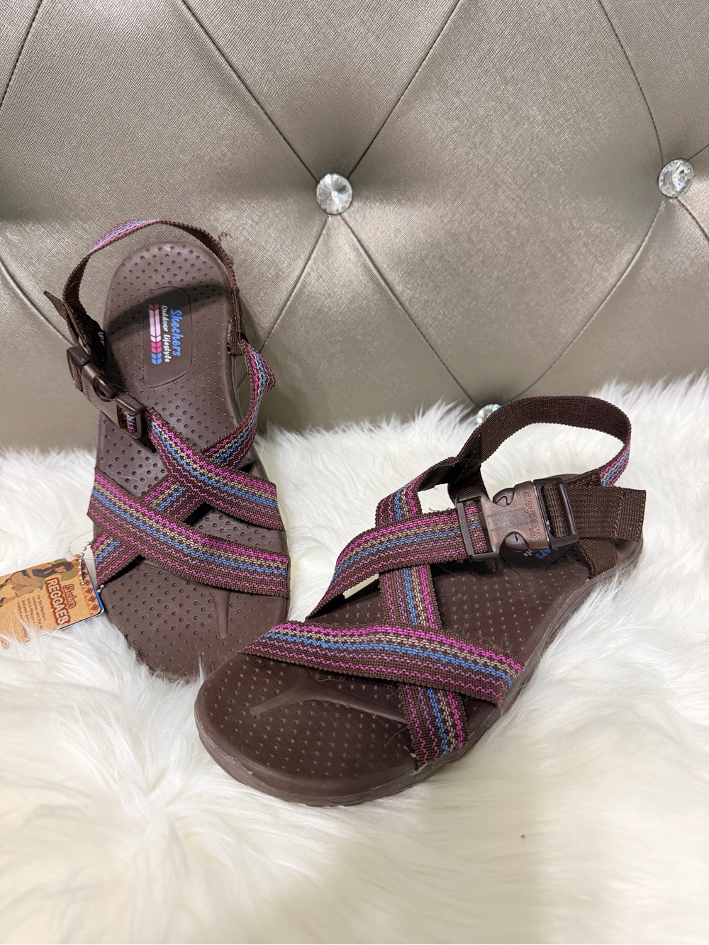 Skechers Brown Sandals with Pink and Teal Striped Webbing